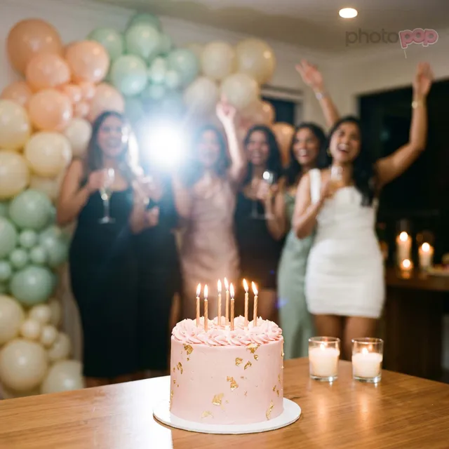 A pink birthday cake with gold candles in focus, friends cheering beneath a pastel balloon arch in the background