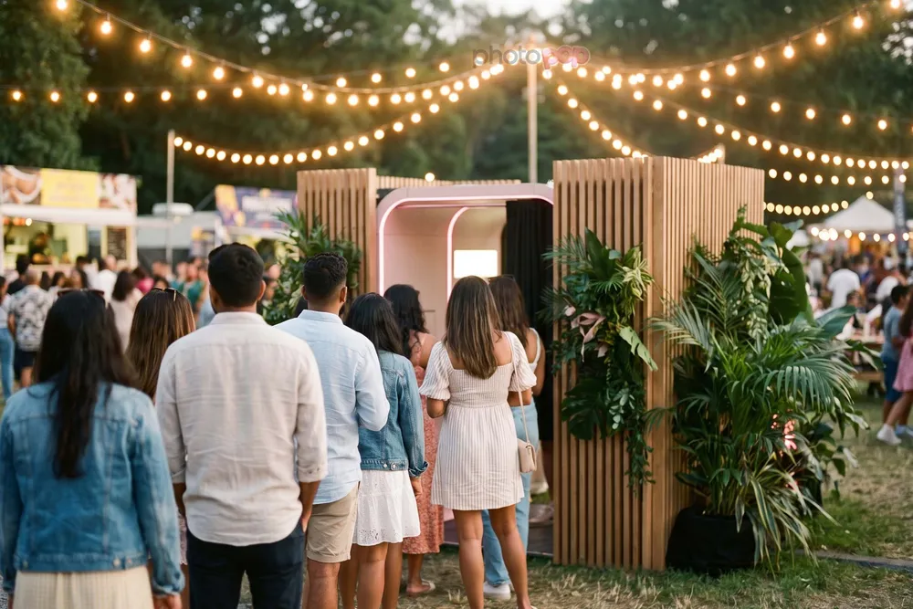 People queuing at a pink-lit photo booth set between wooden screens and palms, under festoon lights at an outdoor fair